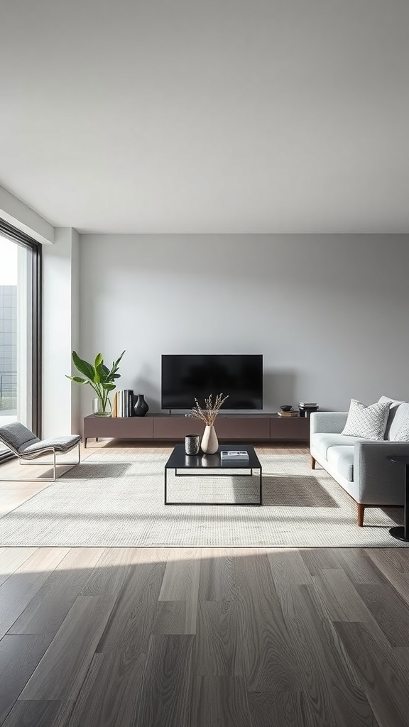 A modern living room featuring a flatweave rug, minimal furniture, and a neutral color scheme.