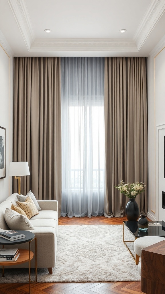 A stylish living room with flexible curtain dividers, featuring layered curtains framing a window and a cozy seating area.