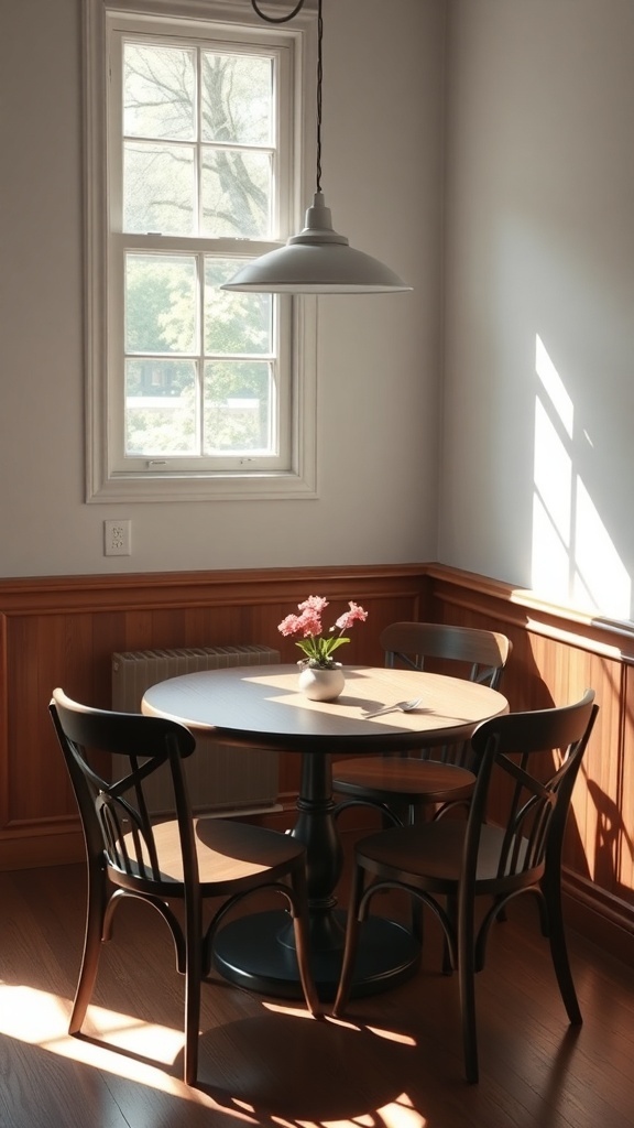 A cozy dining corner featuring a round table with four chairs, a window allowing natural light, and a small flower arrangement on the table.
