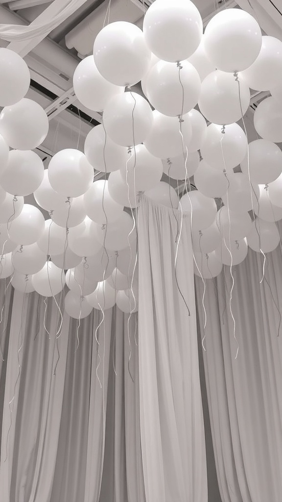 A cluster of white balloons hanging from the ceiling, resembling floating ghosts.
