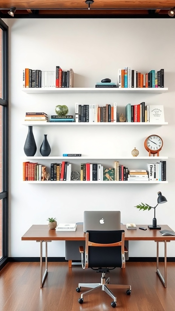 A stylish home office featuring floating bookshelves filled with books and decor, a wooden desk, and a large window.