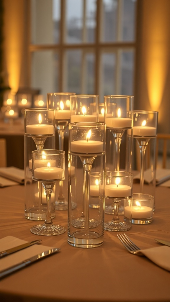 An arrangement of floating candles in glass vessels on a table.