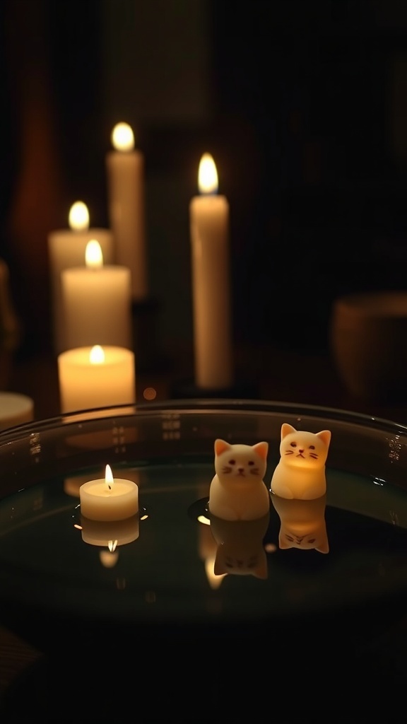 Floating cat candles in a bowl of water with traditional candles in the background.