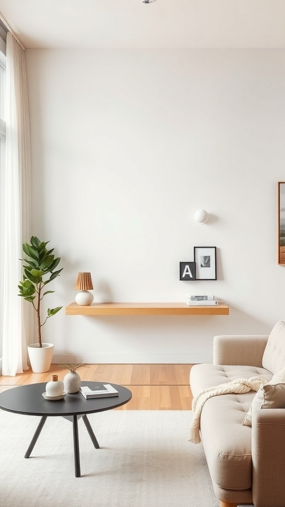 A modern living room featuring a floating console table against a white wall, with a round coffee table and decorative items.