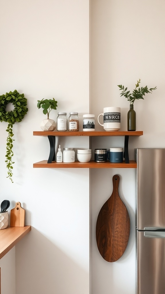 A stylish floating corner shelf with plants, jars, and mugs.