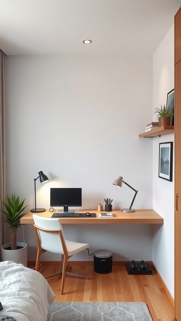 A modern floating desk setup in a small room with a computer, chair, and decorative elements.