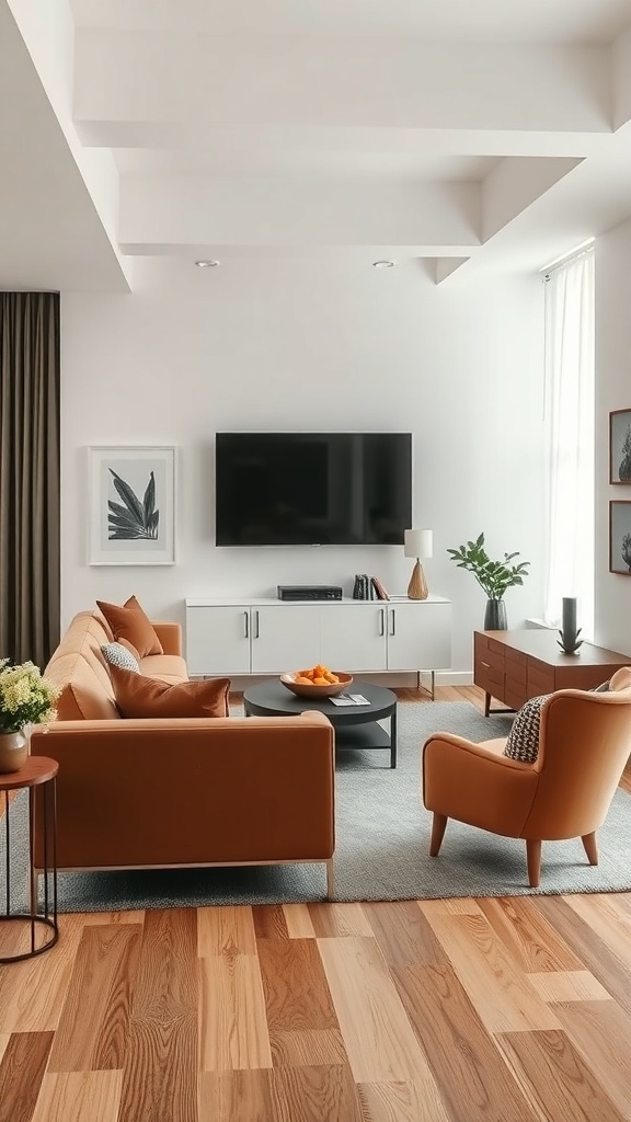 A modern living room with floating furniture, featuring a sofa, chairs, and a coffee table arranged to enhance depth and flow.
