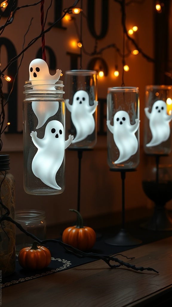 Floating ghost candles in glass jars with a soft glow, surrounded by pumpkins and fairy lights.