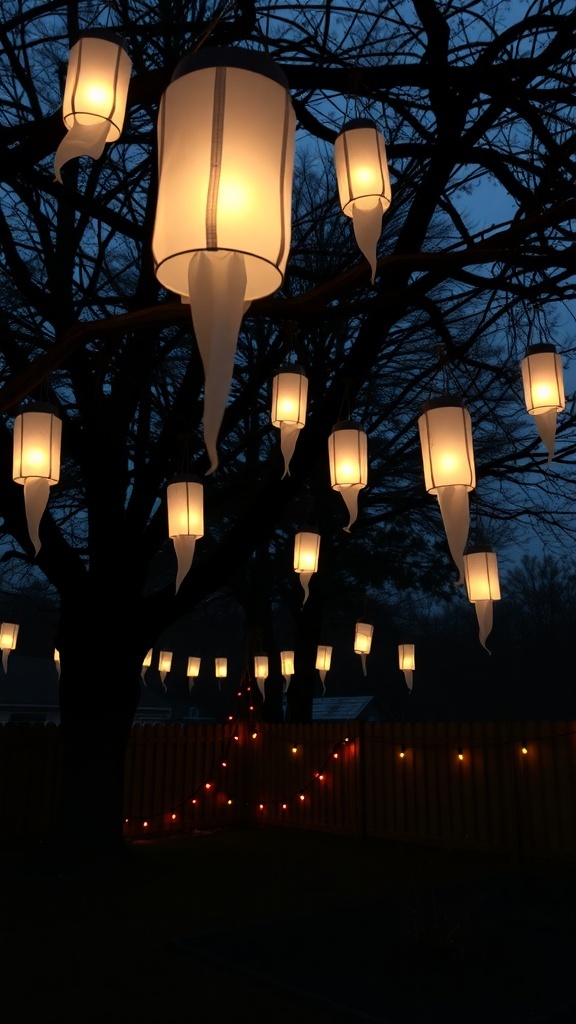 Floating ghost lanterns hanging from tree branches at night