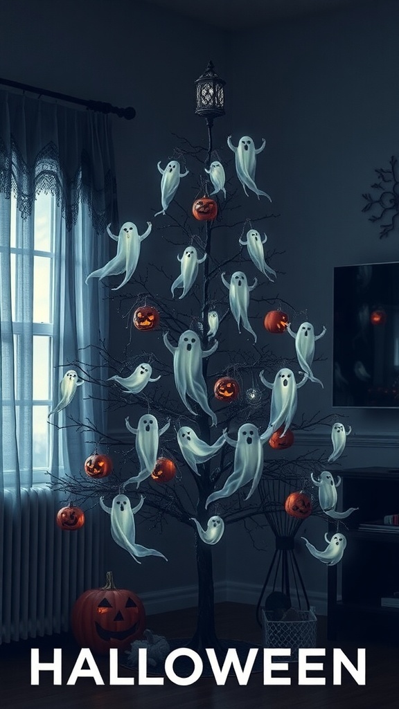A Halloween tree decorated with floating ghosts and pumpkins, creating a spooky yet playful atmosphere.
