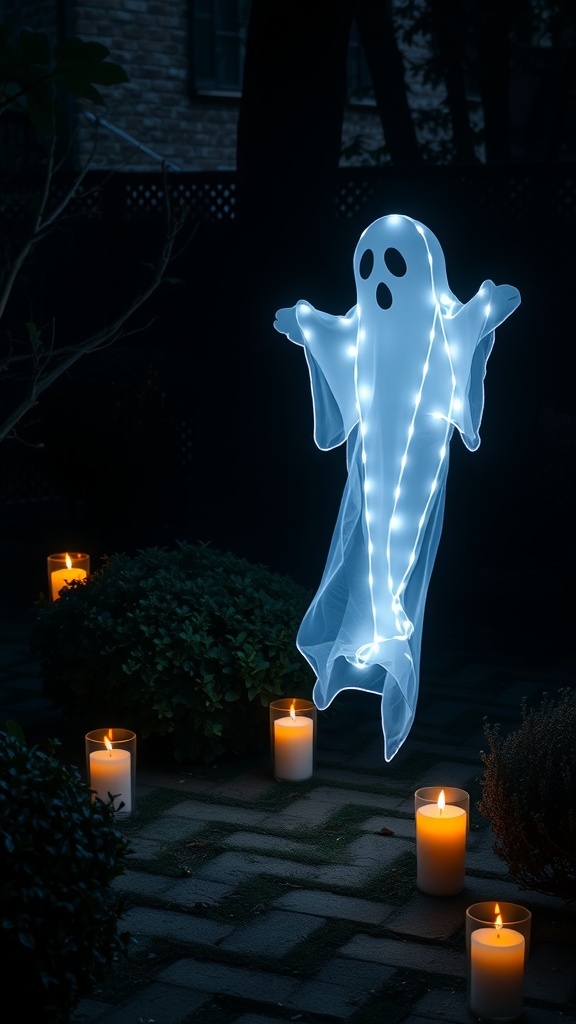A glowing floating ghost decoration surrounded by candles in a dark setting.