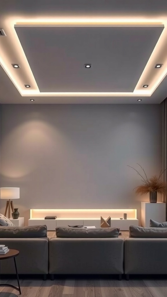 A modern living room featuring a floating light box with hidden LEDs, creating a soft glow around the ceiling.