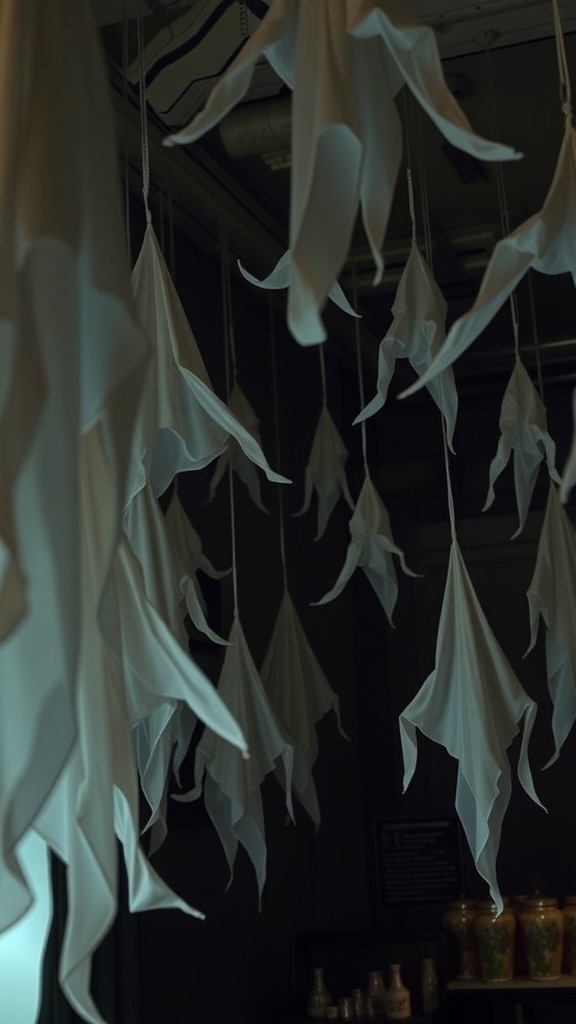 Hanging ghostly fabric figures creating a spooky atmosphere