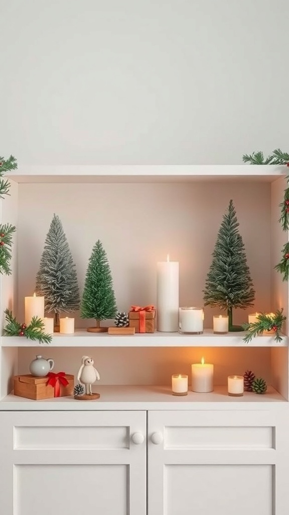 A floating shelf decorated for Christmas with mini trees, candles, and festive accents.