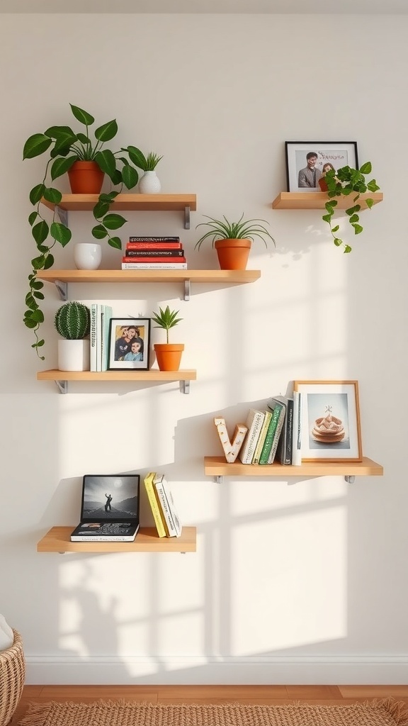 A stylish arrangement of floating shelves displaying plants, books, and photos in a bright room.