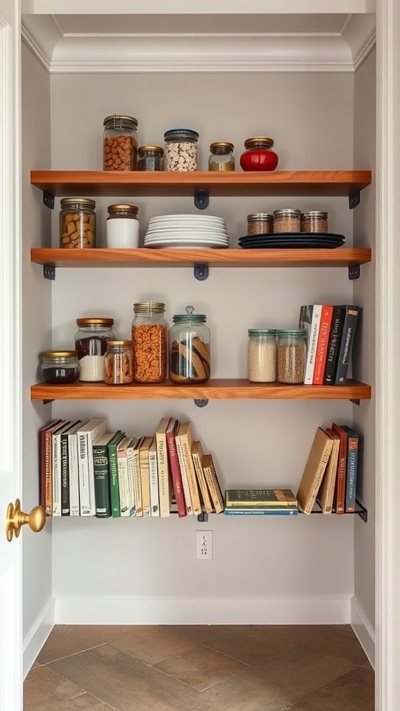 A pantry with floating wooden shelves displaying jars of snacks, spices, and cookbooks.