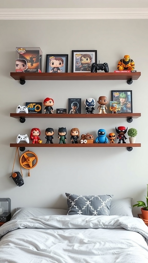 Floating shelves displaying gaming collectibles, including Funko Pop figures and gaming controllers, above a neatly made bed.