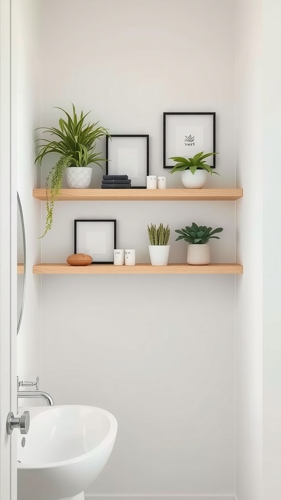 Floating wooden shelves in a minimalist bathroom with plants and decorative items.