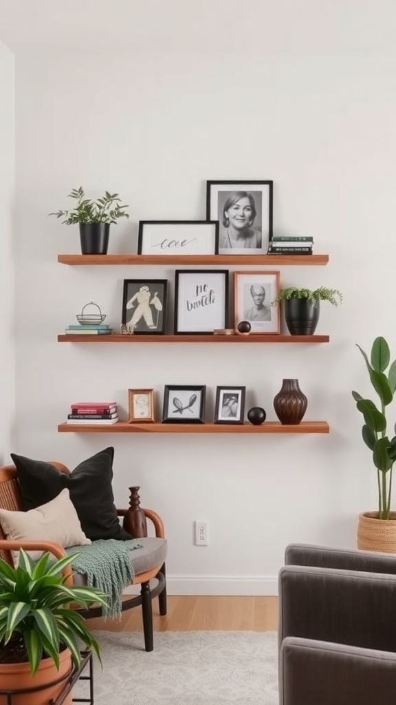 A stylish arrangement of floating shelves in a small living room, featuring plants, framed photos, and books.