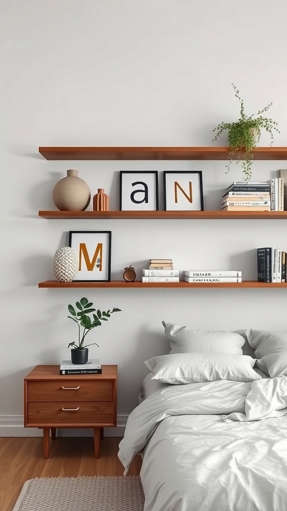 modern floating shelves with decorative items in a cozy bedroom