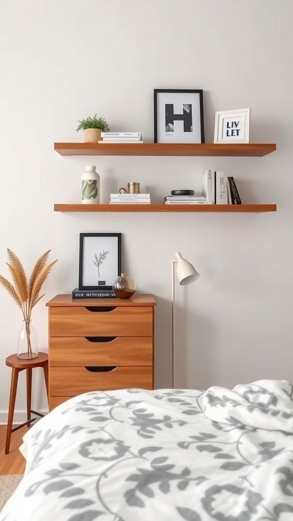 A cozy bedroom featuring floating shelves above a dresser, displaying decorative items and plants.