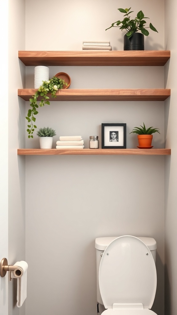 Floating wooden shelves with plants and decorative items in a small powder room