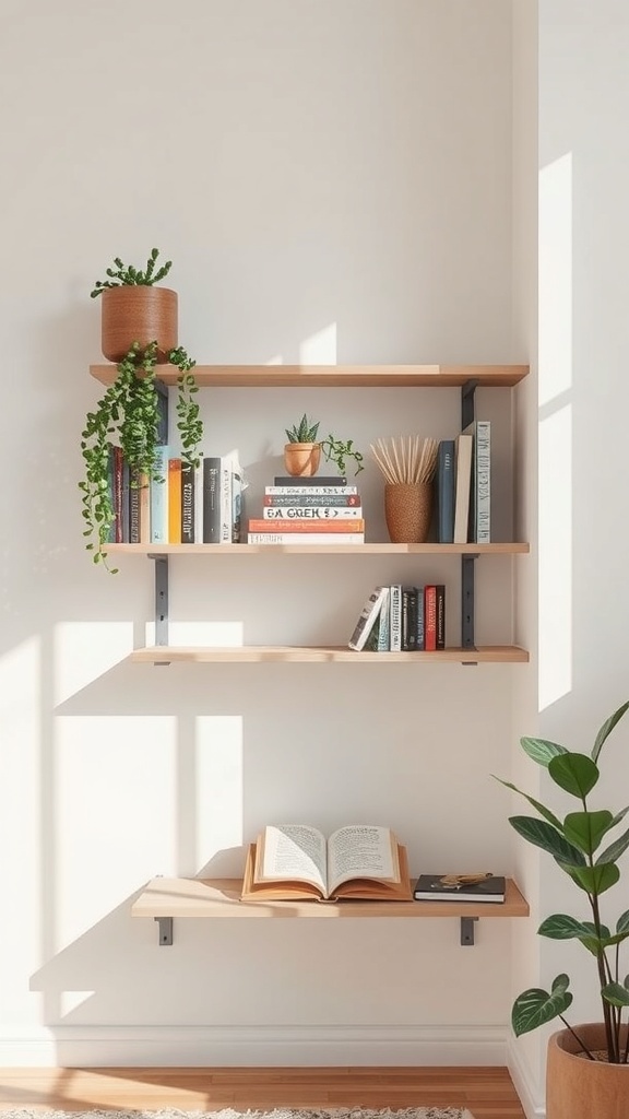 Floating shelves with books and plants in a cozy reading nook