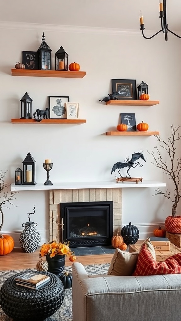 A cozy living room featuring floating shelves decorated with Halloween-themed items like lanterns, pumpkins, and spooky art.