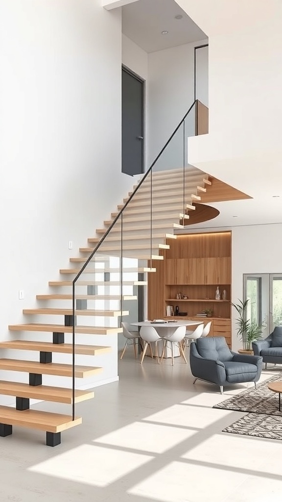 A modern floating staircase with wooden treads and glass balustrades in a contemporary home interior.
