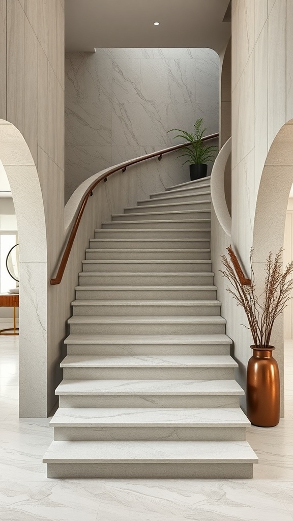 A modern floating stone staircase with a curved design, surrounded by neutral-toned walls and a plant.