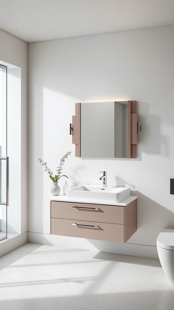 A modern bathroom featuring a floating vanity with a sleek design, a white basin, and a mirror above it, complemented by a small vase of greenery.