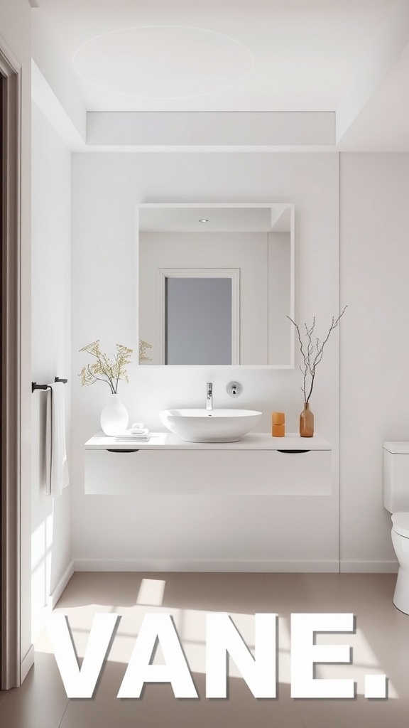 A modern bathroom featuring a sleek floating vanity with a round sink, mirror, and decorative elements.