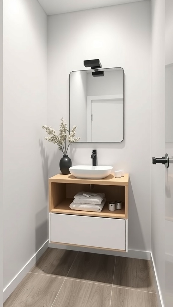 A modern small bathroom featuring a floating vanity with hidden storage, a round mirror, and a sleek faucet.