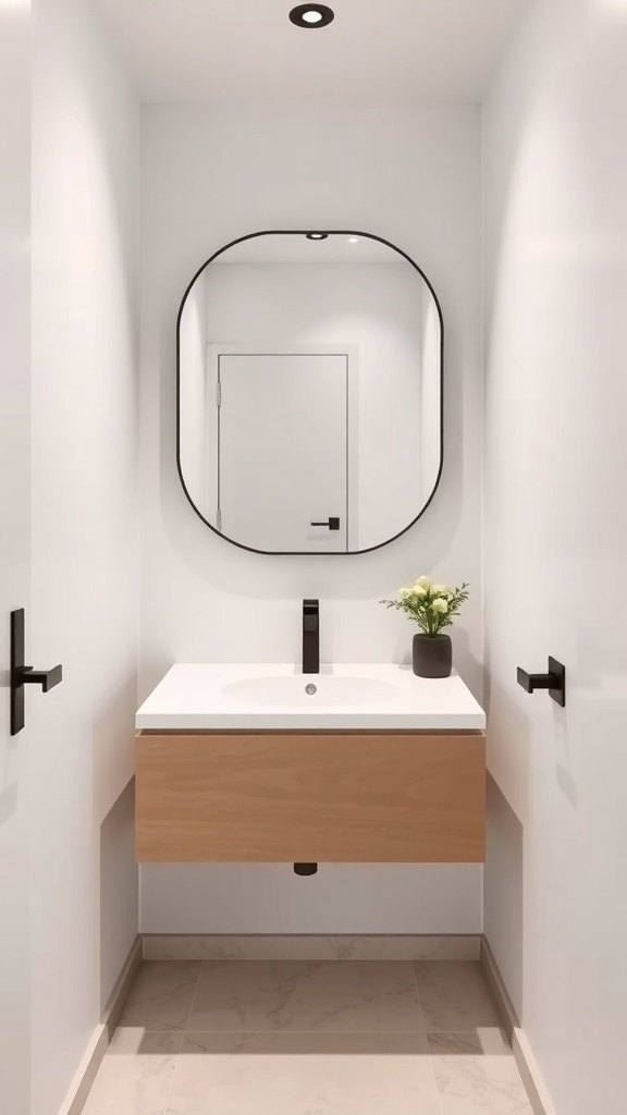 Modern floating vanity in a tiny powder room with a round mirror and minimalist decor.