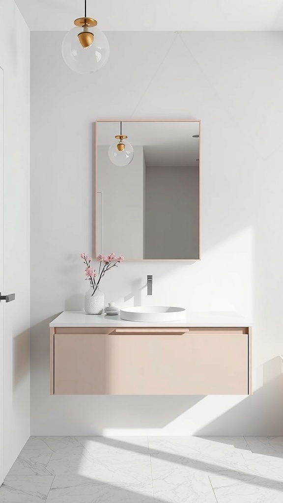 A modern floating vanity with an integrated sink in a bright powder room, featuring a simple design and minimal decor.