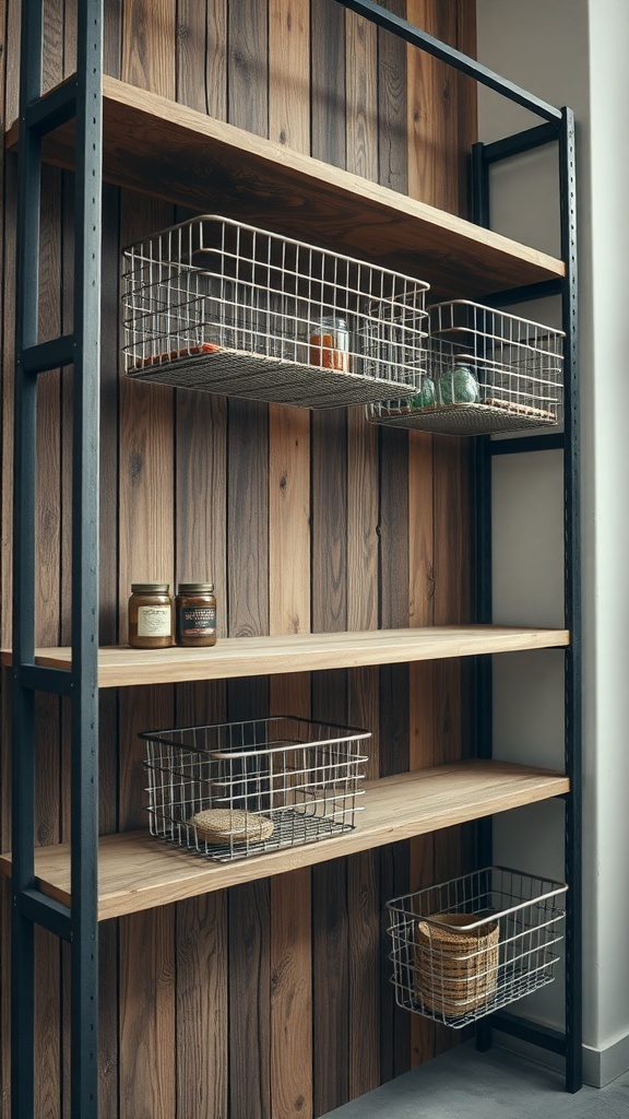 Floating wire shelf baskets on wooden shelves