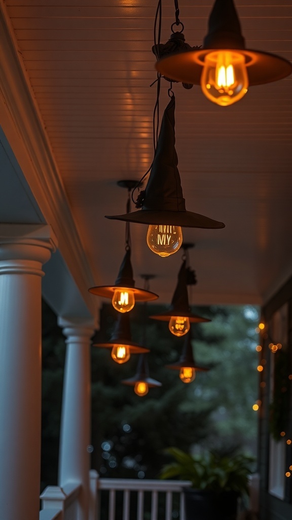 Hanging witch hat lights illuminating a porch