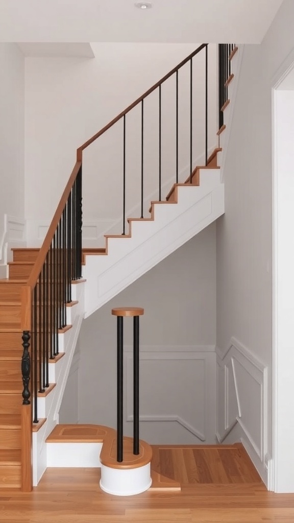 A modern staircase featuring floating wooden steps paired with black metal railings, showcasing a sleek and stylish design.