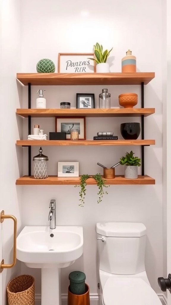Floating wood shelves in a stylish powder room with decorative items and plants.
