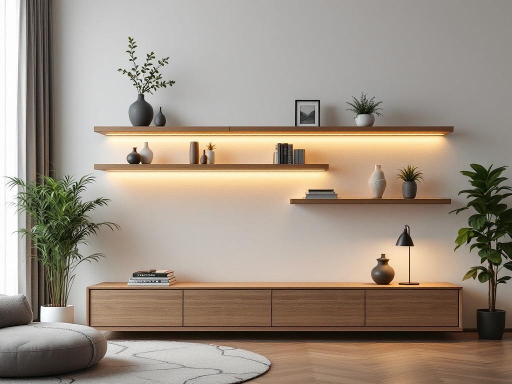 Floating wooden shelves with LED strips, showcasing plants and decor in a modern living space.
