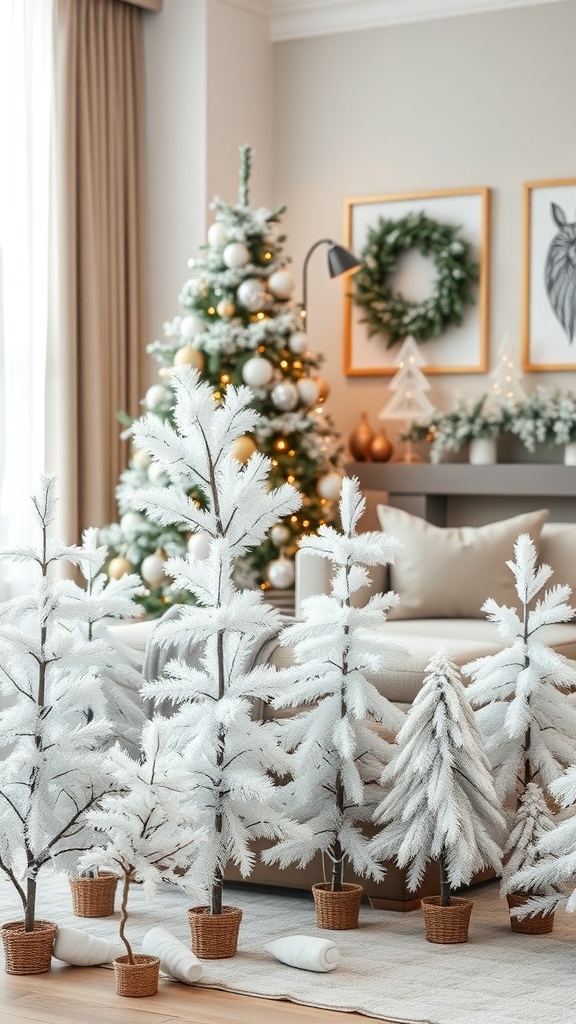 A cozy living room decorated with flocked mini Christmas trees and a larger Christmas tree in the background.