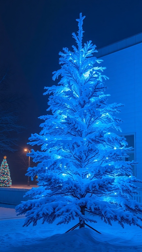A flocked Christmas tree illuminated with blue lights, set against a dark background.