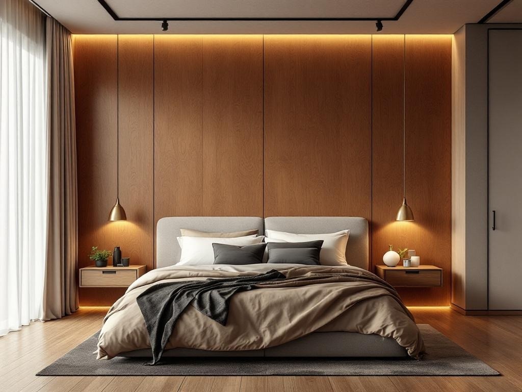 A modern bedroom featuring a floor-to-ceiling plywood statement wall, with a cozy bed and built-in lighting.