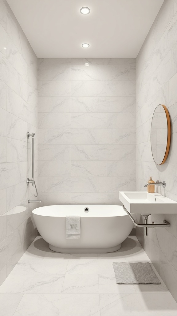 A modern bathroom featuring floor-to-ceiling white tiles, a sleek bathtub, and minimalist fixtures.
