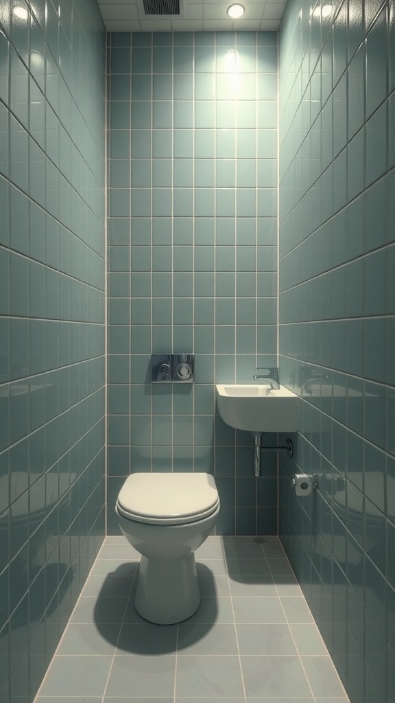 A small bathroom with floor-to-ceiling blue tiles, featuring a toilet and a small sink.