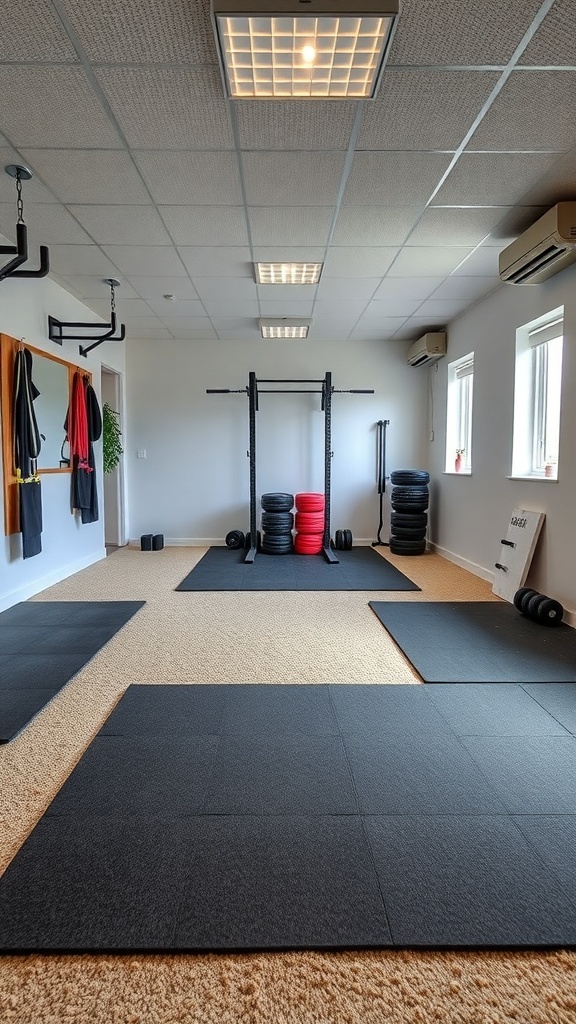 A home gym with black rubber mats and carpet flooring, showcasing a well-organized workout space.