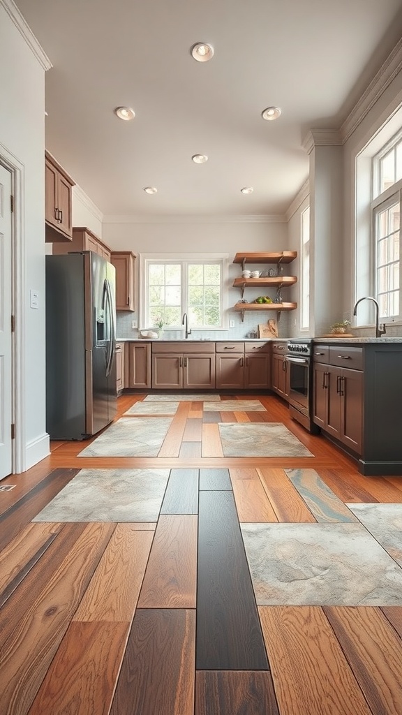 A modern kitchen featuring a mix of wood and tile flooring, showcasing a warm and inviting design.