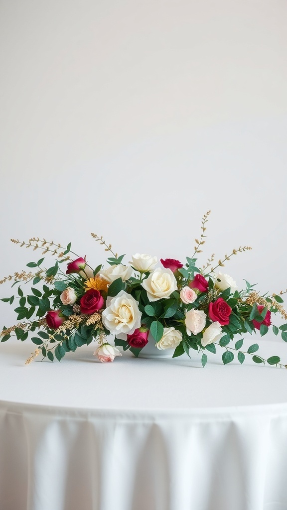 A beautiful floral arrangement featuring red and pink roses with greenery on a white tablecloth.
