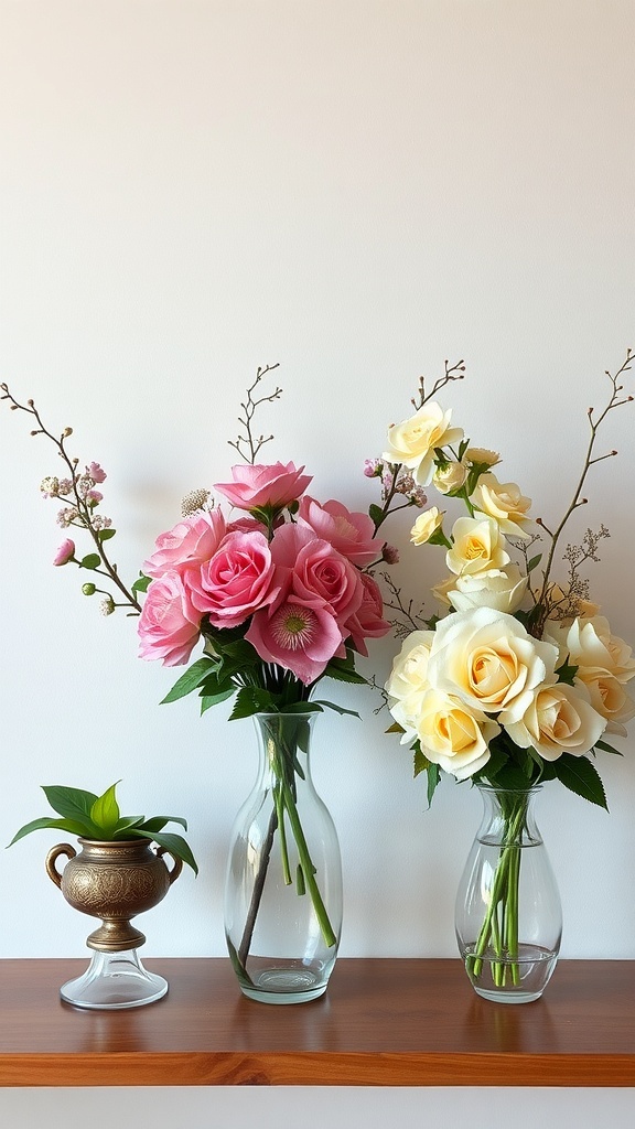 A beautiful arrangement of pink and yellow roses in vases on a wooden shelf.