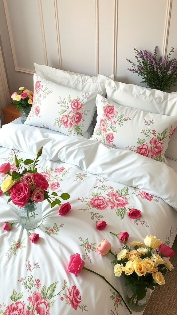 A beautifully arranged bed with floral bedding featuring pink and yellow roses, complemented by vases of fresh flowers.